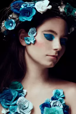 woman blue flower paper smokey glitter
