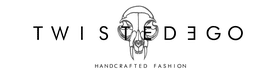 Logo pour Twisted Ego Handcrafted Fashion représentant un crâne d'animal stylisé avec des lignes géométriques entre les mots Twisted et Ego. Le texte Handcrafted Fashion se trouve sous le logo.