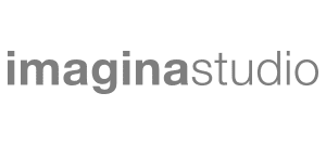 L'image montre le logo imaginastudio en lettres minuscules, avec imagina en gris foncé gras et studio en gris clair sur un fond clair.