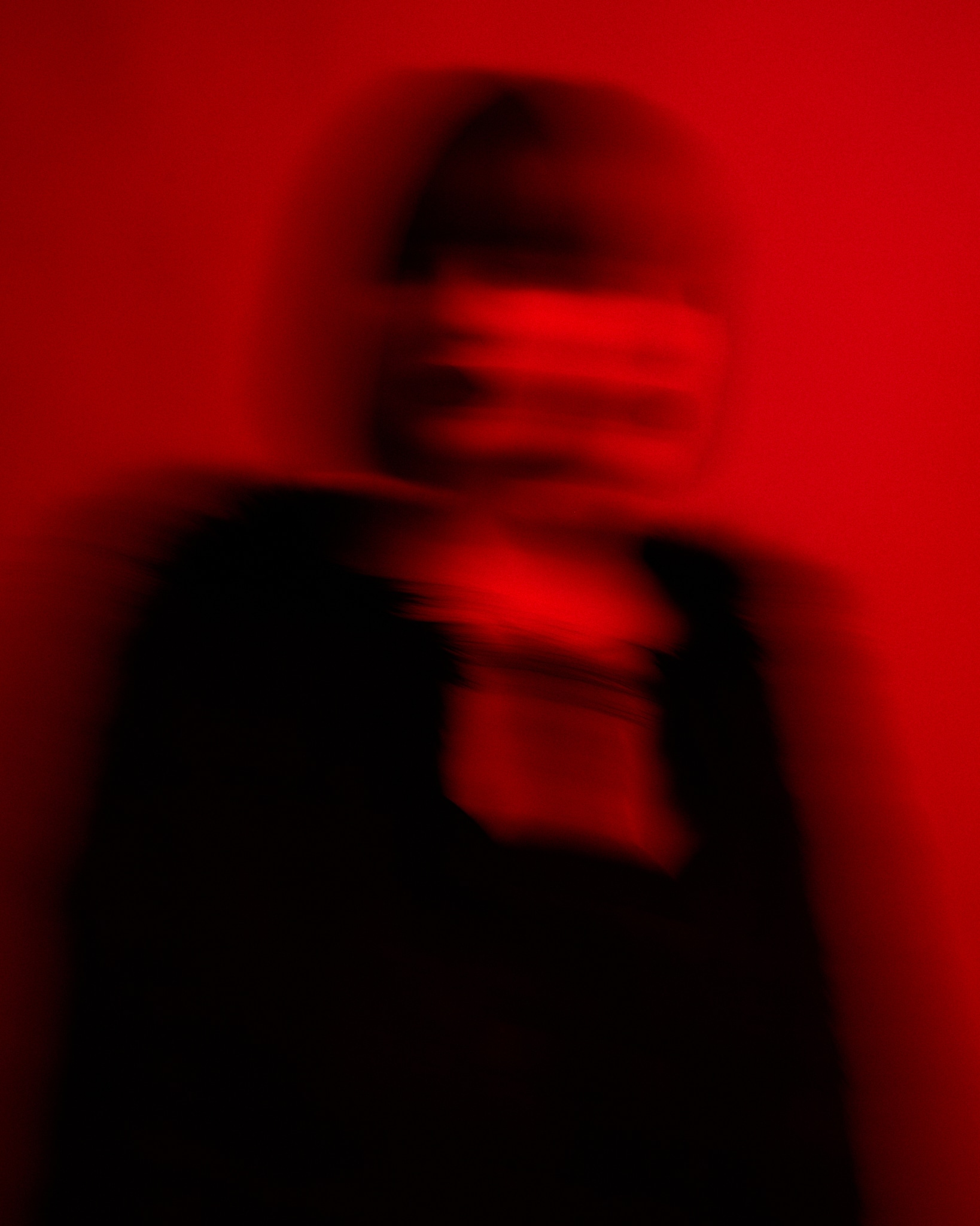 The Great Alone. The abstract and blurred silhouette of a person with short hair stands out against a bright red background, creating a mysterious and unsettling atmosphere. Facial features and details are indiscernible.