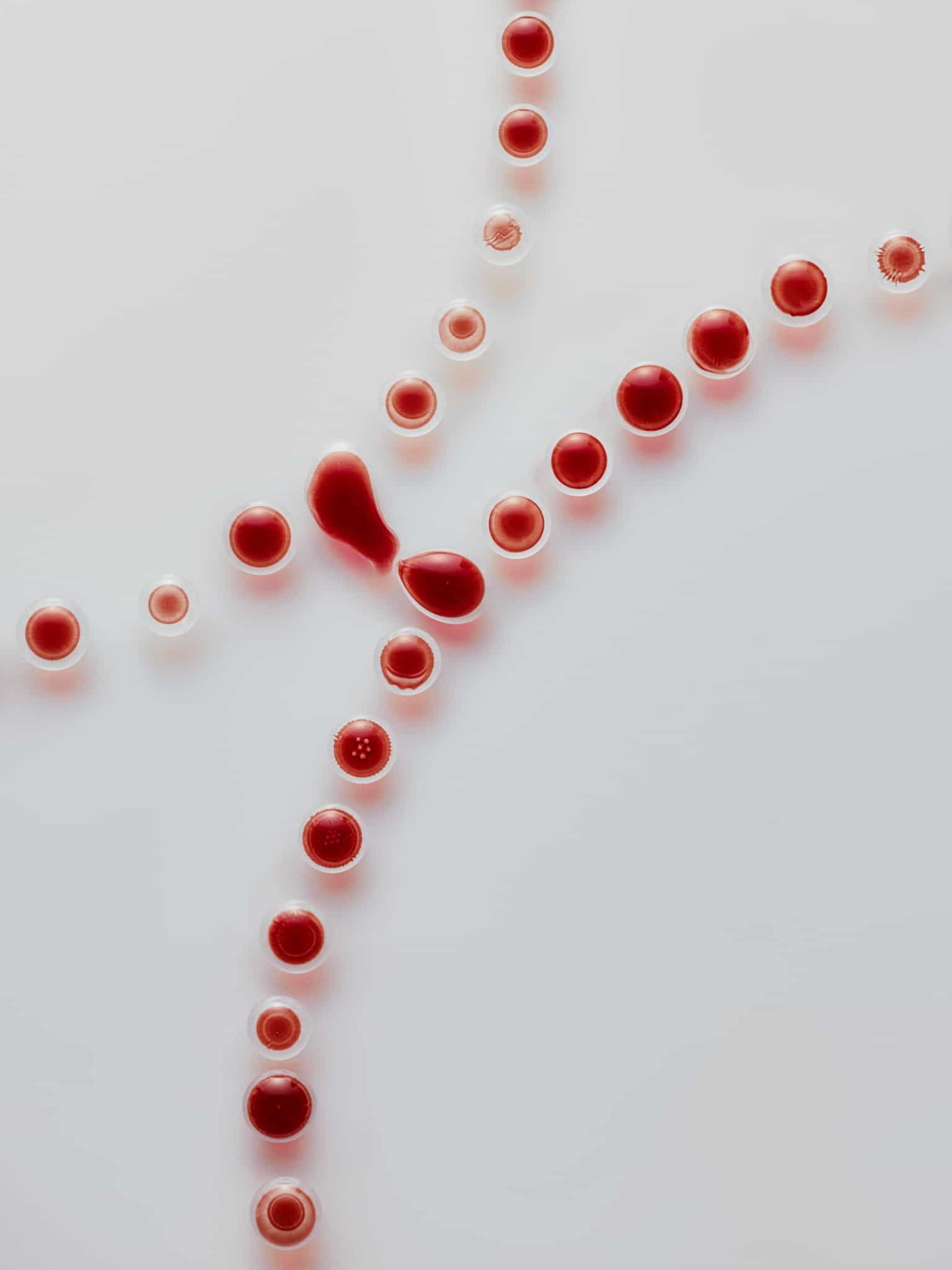 Un liquide rouge dans de petites coupes rondes est disposé en lignes ramifiées sur une surface blanche, deux coupes étant renversées et le liquide se répandant entre elles.